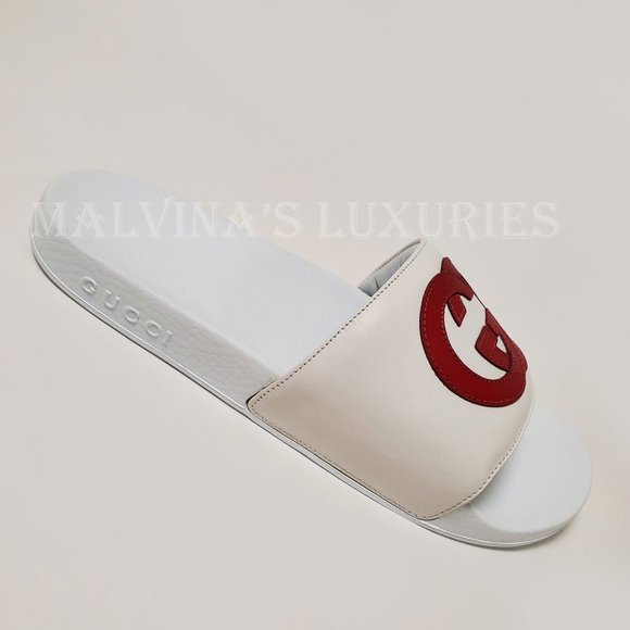 GUCCI SHOES WHITE LEATHER SLIDES INTERLOCKING G LOGO FLIP FLOPS sz IT 39 US 9 - Picture 7 of 16